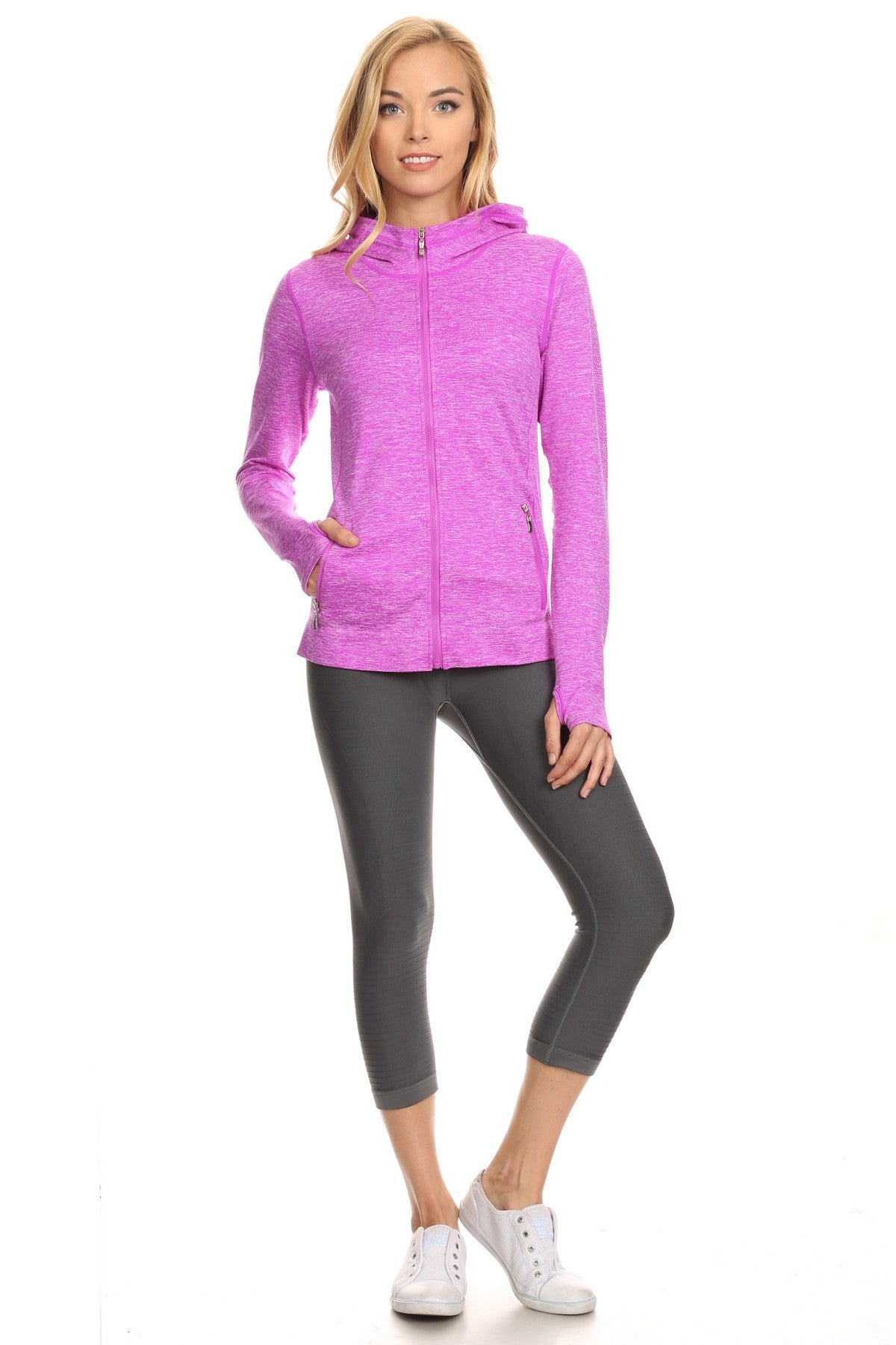 Women's Seamless Athletic Slim Fit Full Zipper Jacket with Hoodie and Thumb Holes - Wear Sierra