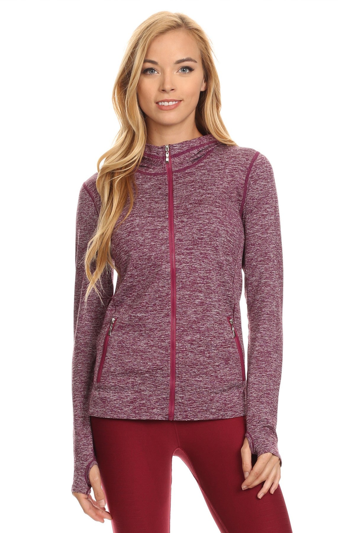 Women's Seamless Athletic Slim Fit Full Zipper Jacket with Hoodie and Thumb Holes - Wear Sierra