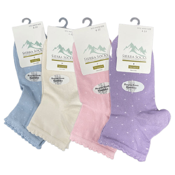 Women's Bamboo Low Cut Quarter 2 -Pair & 4-Pair Pack Picot Scalloped Edge Socks