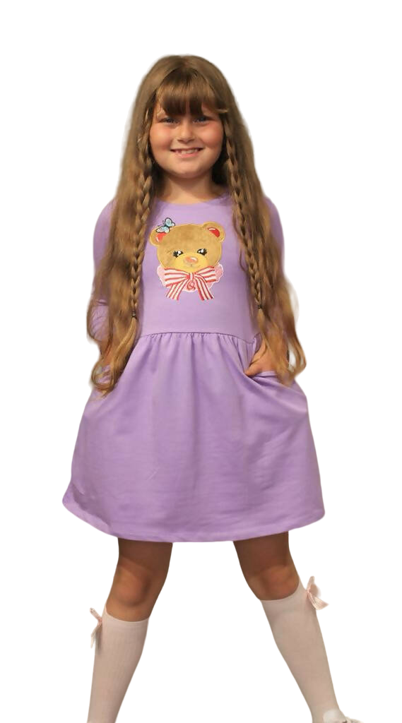 Long Sleeve Girl's Dress with Soft Fur Bear Applique - Wear Sierra