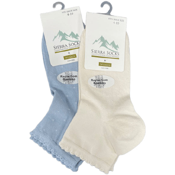 Women's Bamboo Low Cut Quarter 2 -Pair & 4-Pair Pack Picot Scalloped Edge Socks