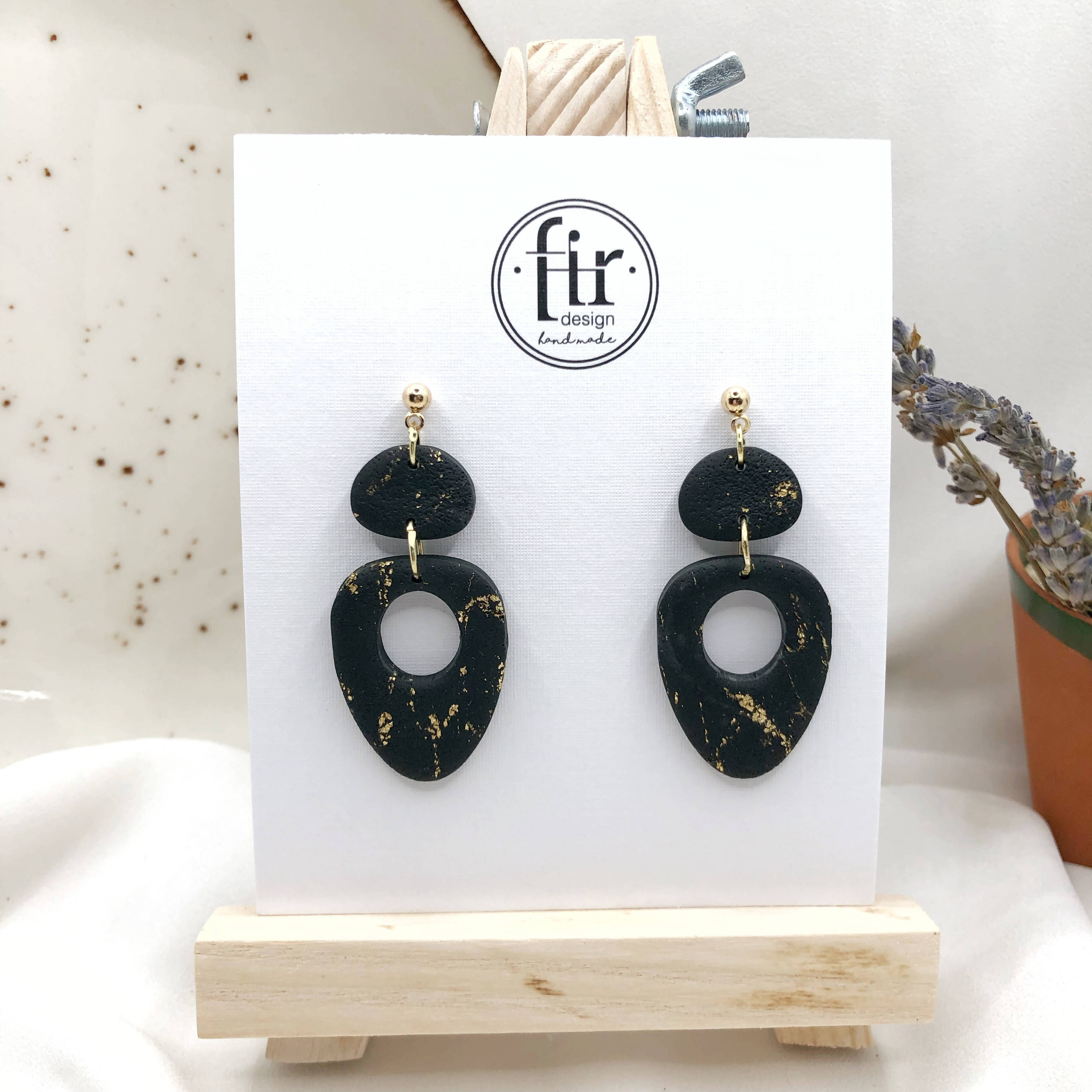 Black with Gold Handmade Polymer Clay Earrings - Anti Allergic Earbacks - Wear Sierra