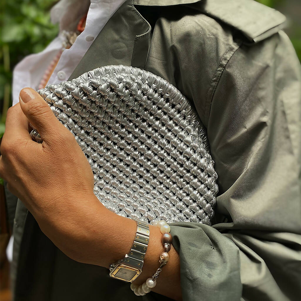 Hand Crafted Clutch Purse in Pretty Metallic Colors Organic Natural Paper Yarn - Wear Sierra
