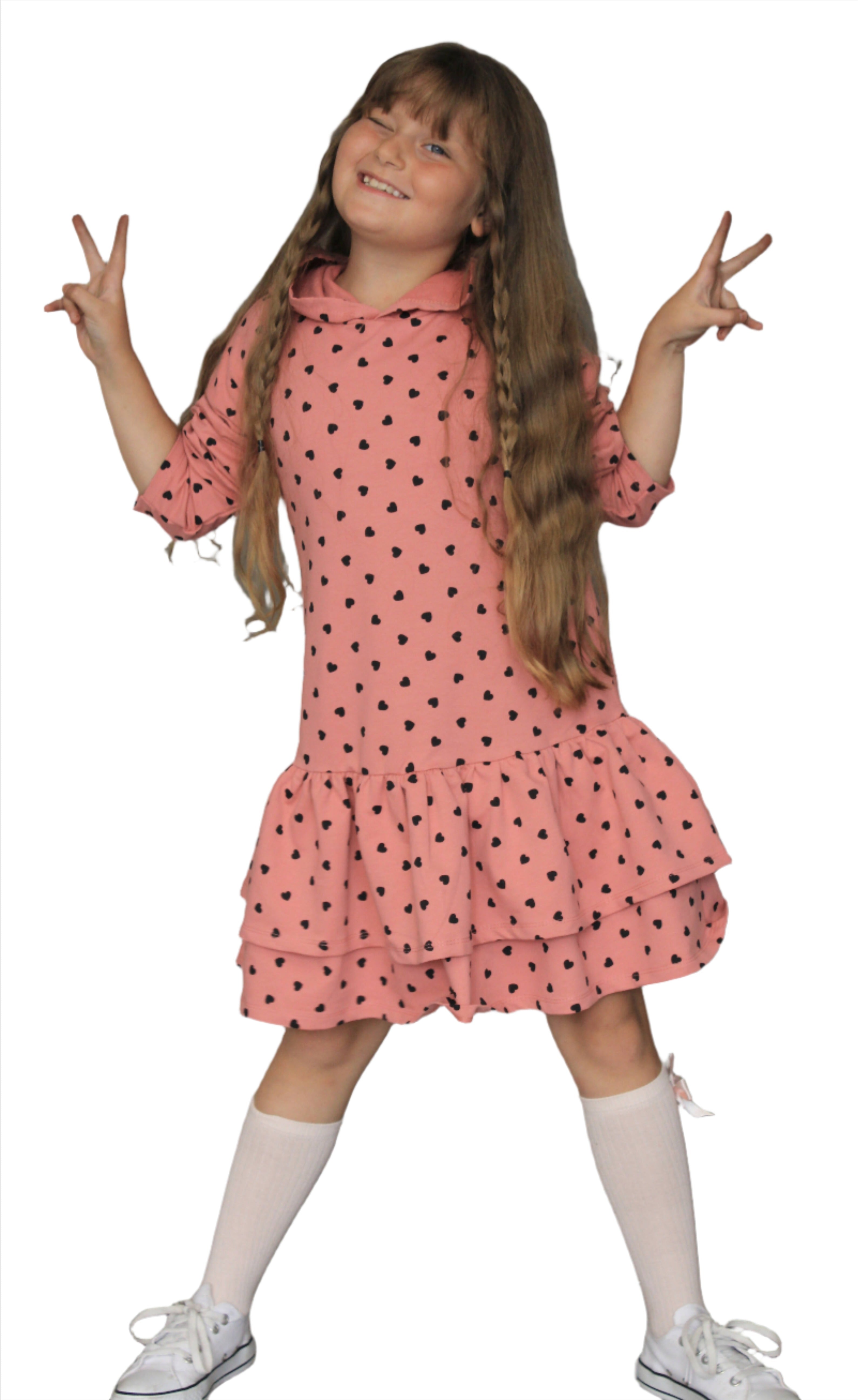 Heart Print Hoodie Ruffled Dress, Girl's Fun Dress, Girl's Comfortable Dress - Wear Sierra