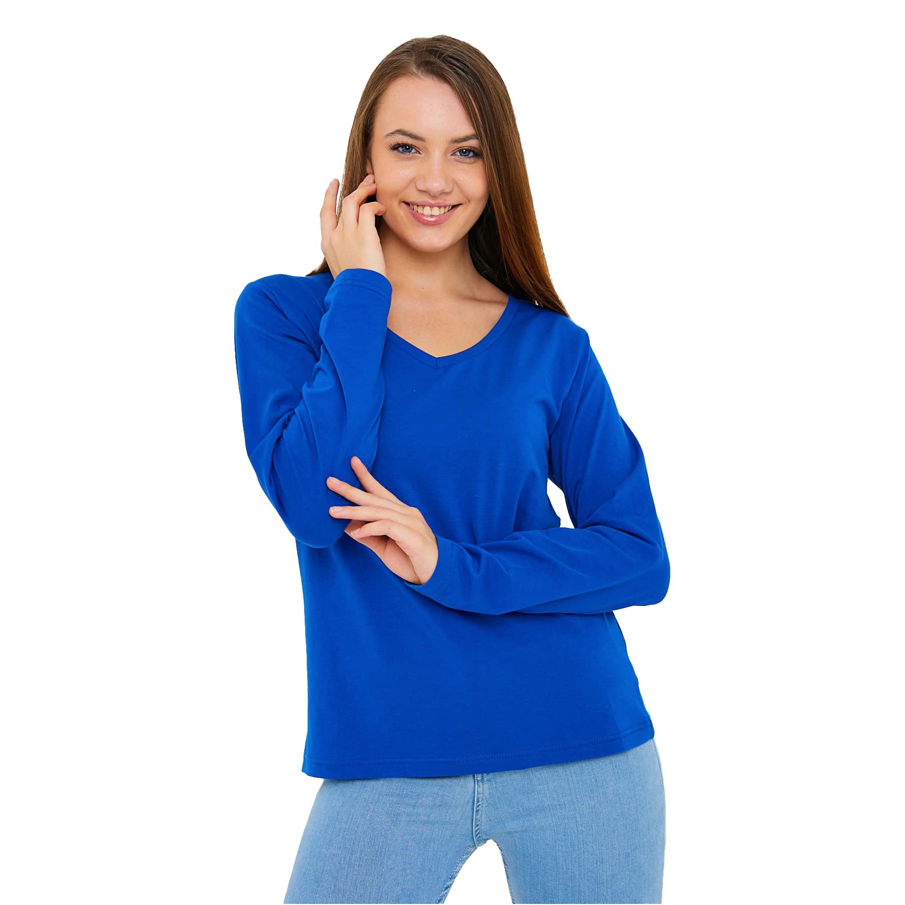 Buy olympian-blue Long Sleeve V-Neck Shirts for Women &amp; Girls - Colorful Pima Cotton