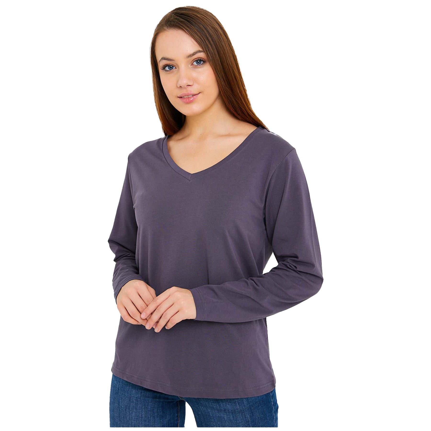 Buy smoke-gray Long Sleeve V-Neck Shirts for Women &amp; Girls - Colorful Pima Cotton