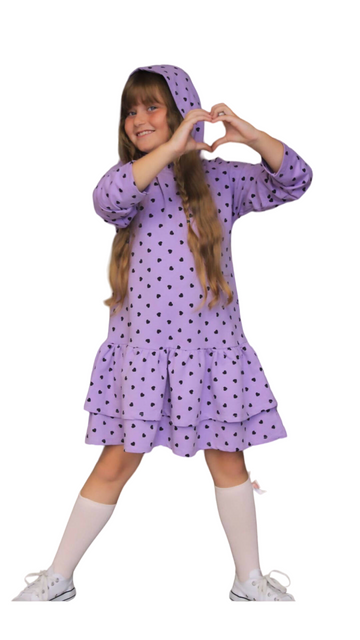 Heart Print Hoodie Ruffled Dress, Girl's Fun Dress, Girl's Comfortable Dress - Wear Sierra