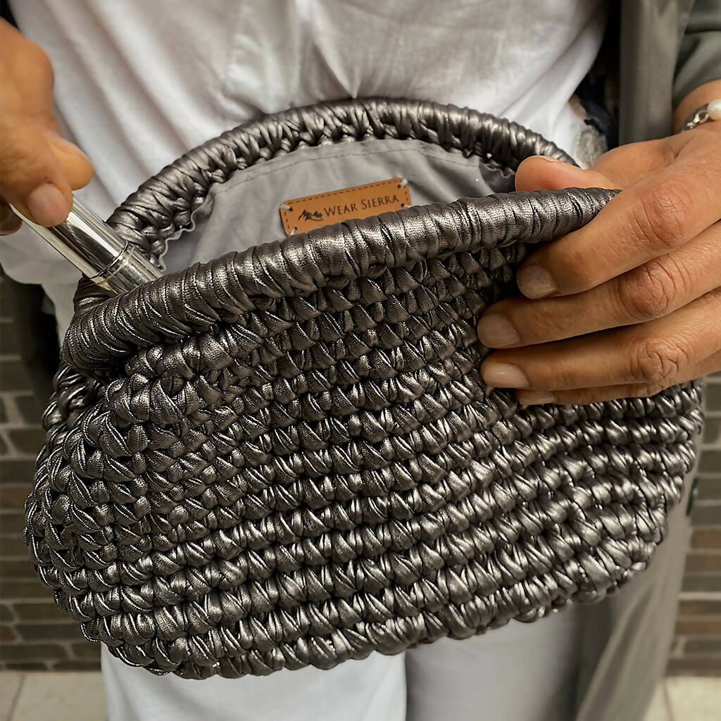Hand Crafted Clutch Purse in Pretty Metallic Colors Organic Natural Paper Yarn - Wear Sierra
