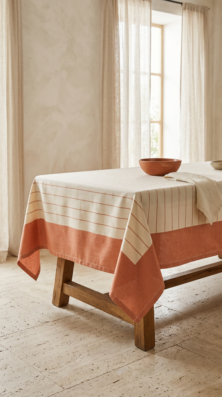 Terracotta & Ivory Striped Water-Repellent Turkish Cotton Tablecloth – Coastal & Timeless Style