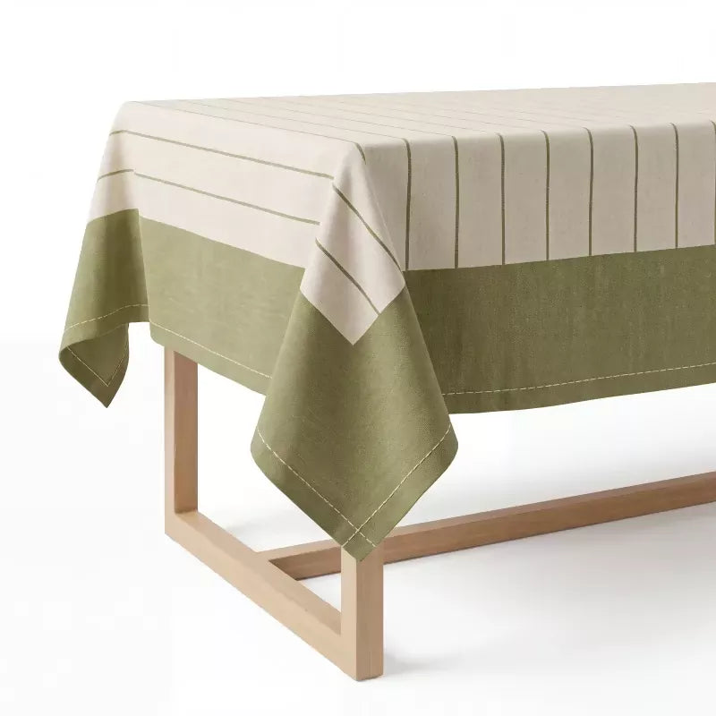 Green & Ivory Striped Water-Repellent Turkish Cotton Tablecloth – Coastal & Timeless Style