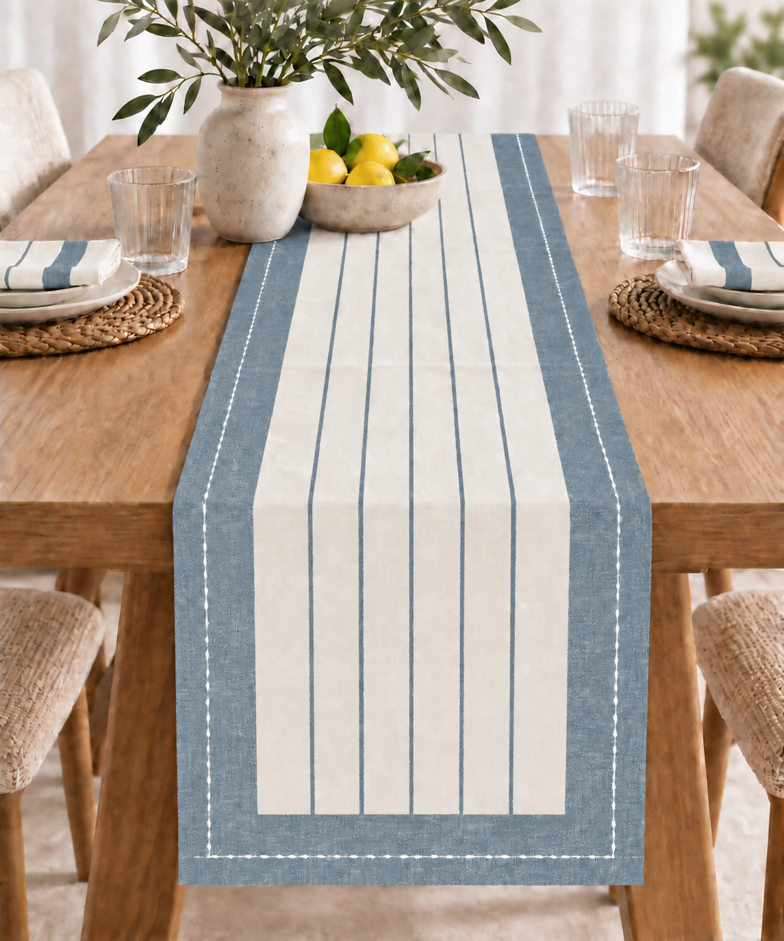 French Blue & Ivory Striped Water-Repellent Turkish Cotton Table Runner – Coastal & Timeless Style