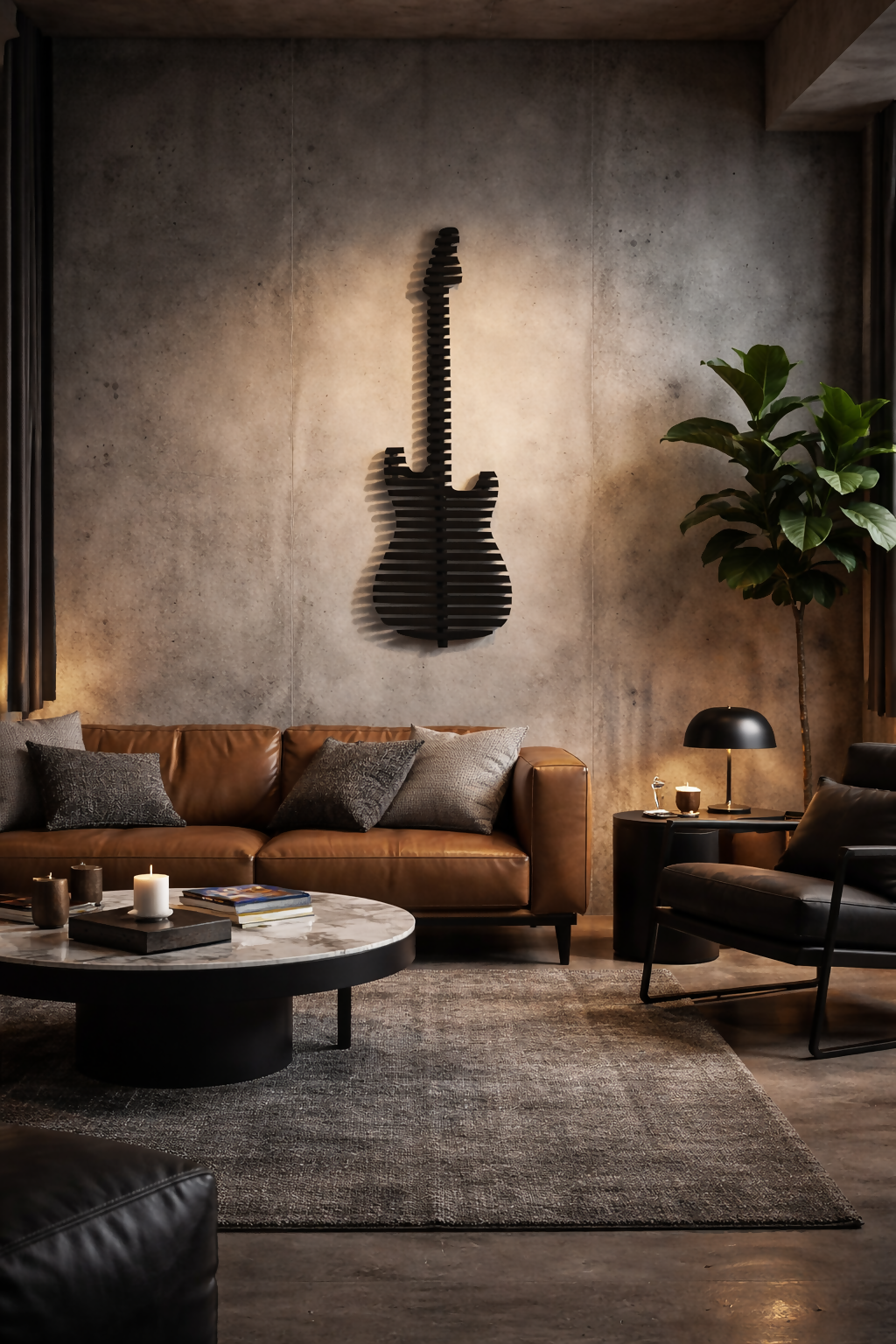 Parametric 3D Black Guitar Wall Decor Modern Sculptural Wall Art Contemporary Architectural Wall Decor for Living Room, Office & Commercial Interiors