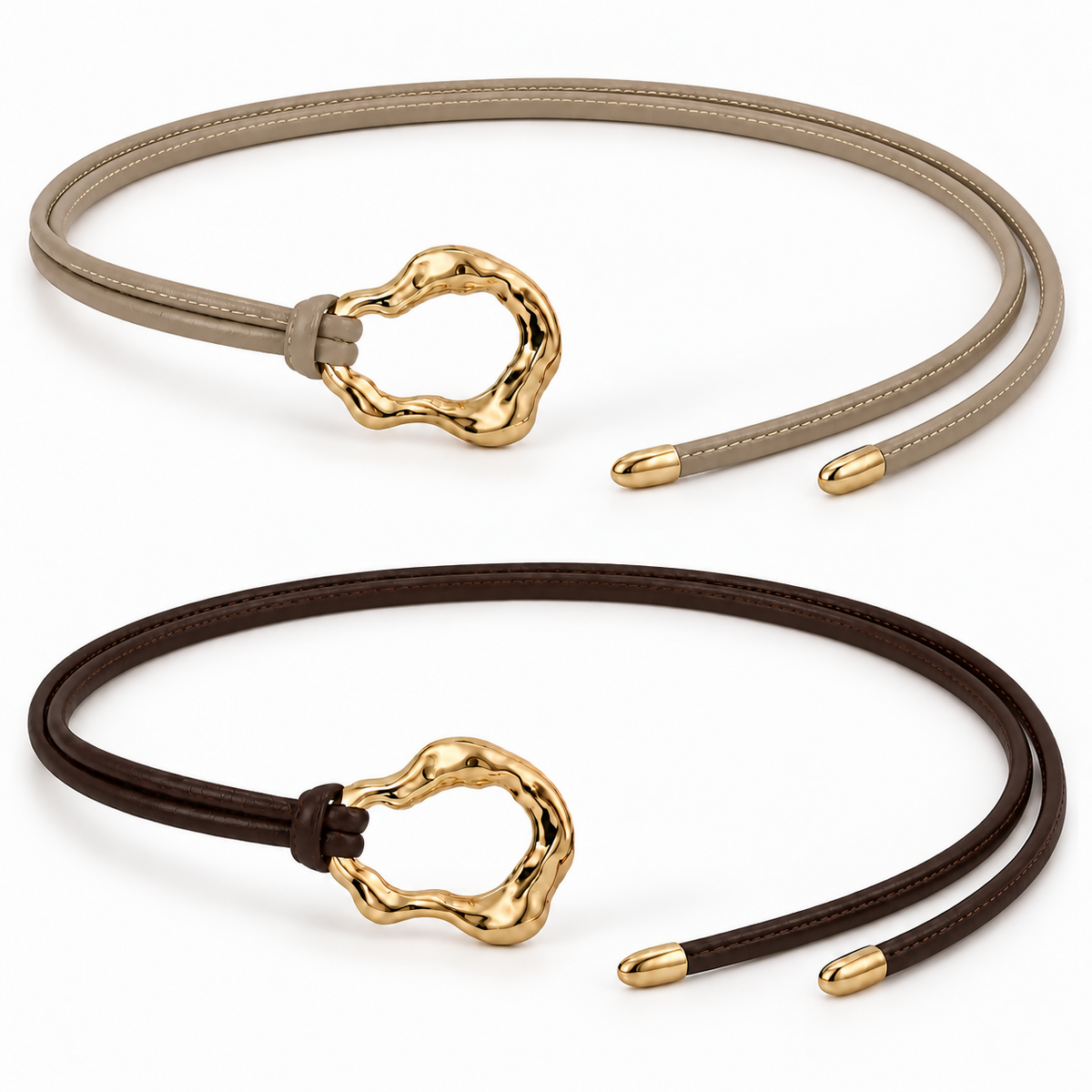 Women’s 2-Pack Skinny Wrap Belt Set with Gold-Tone Statement Rings – Beige & Dark Brown