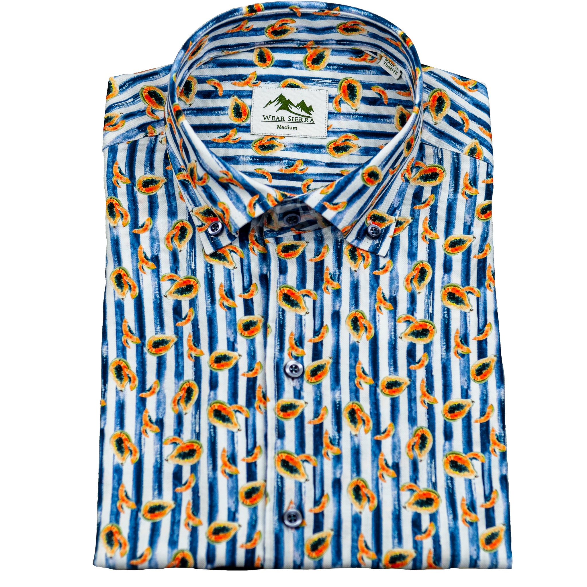 Wear Sierra Top Shelf Men's Cotton Short Sleeve Button Down Shirts in Navy Stripes & Papayas