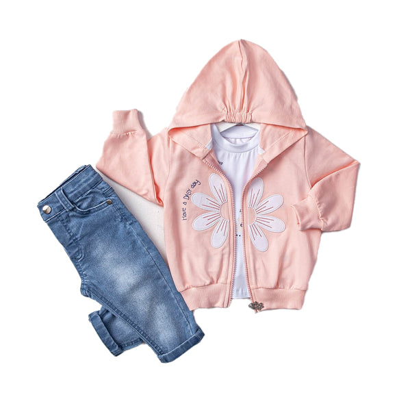 Little Girls' Colorful Hoodie Jacket, Jeans and T-Shirt Cute Girly 3-Piece Set