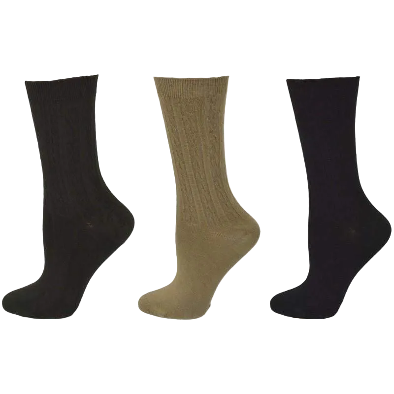 Women's Silky Rayon Cable Pattern Crew Socks in 3 Pair Packs - Great for Spring & Summer