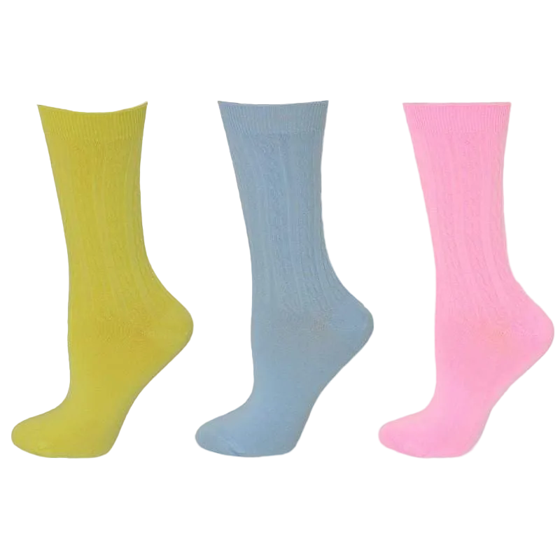 Women's Silky Rayon Cable Pattern Crew Socks in 3 Pair Packs - Great for Spring & Summer