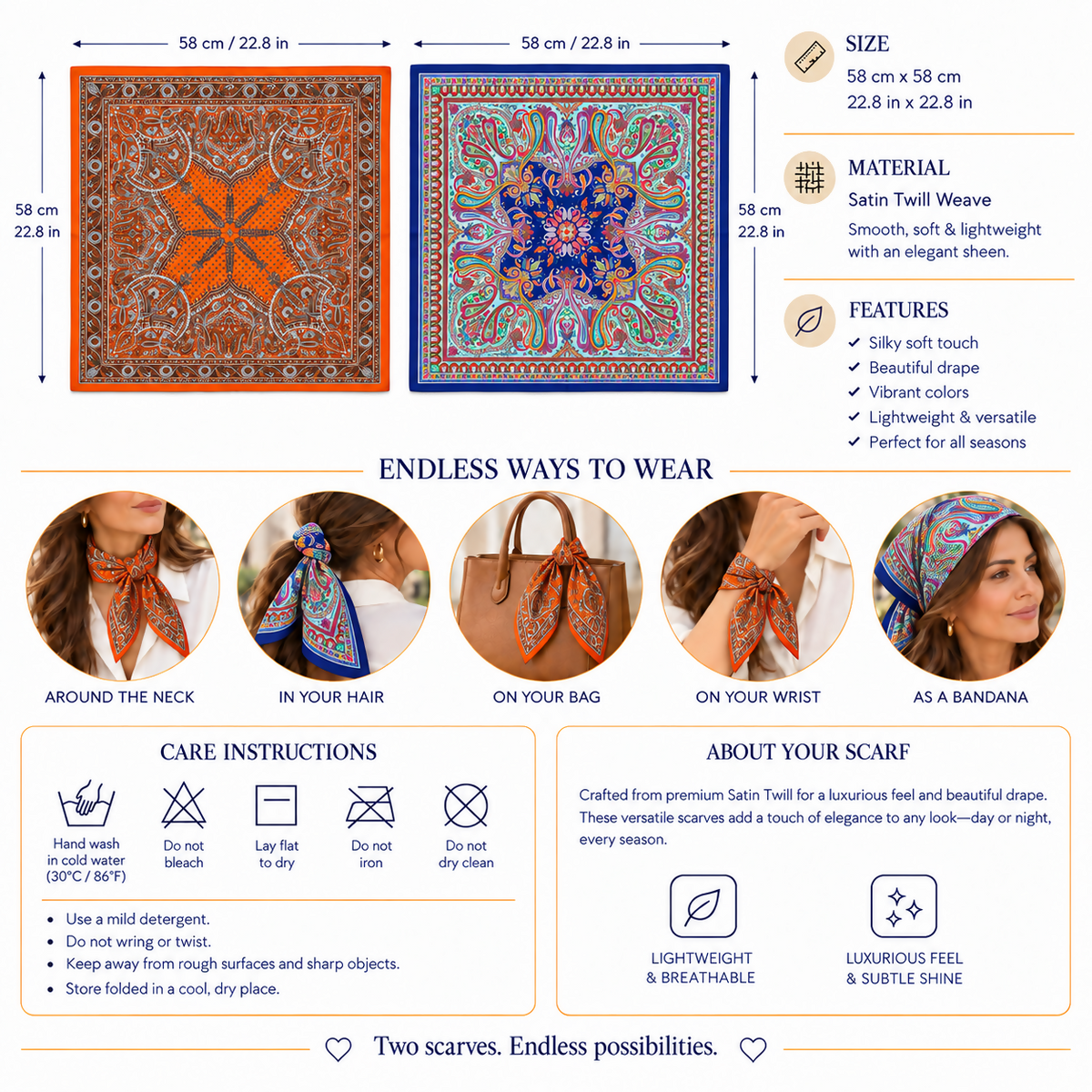 Women's Silky, Satin Twill Scarf Collection – Fashion Accessories in a Colorful 2-Piece Set