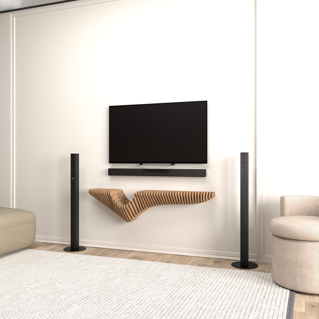 Wavy wooden floating TV shelf