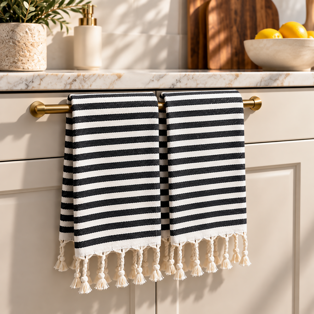 Marezze 2-Pack Black & Ivory Striped Turkish Cotton Kitchen Towels with Tassels, 16" x 36"