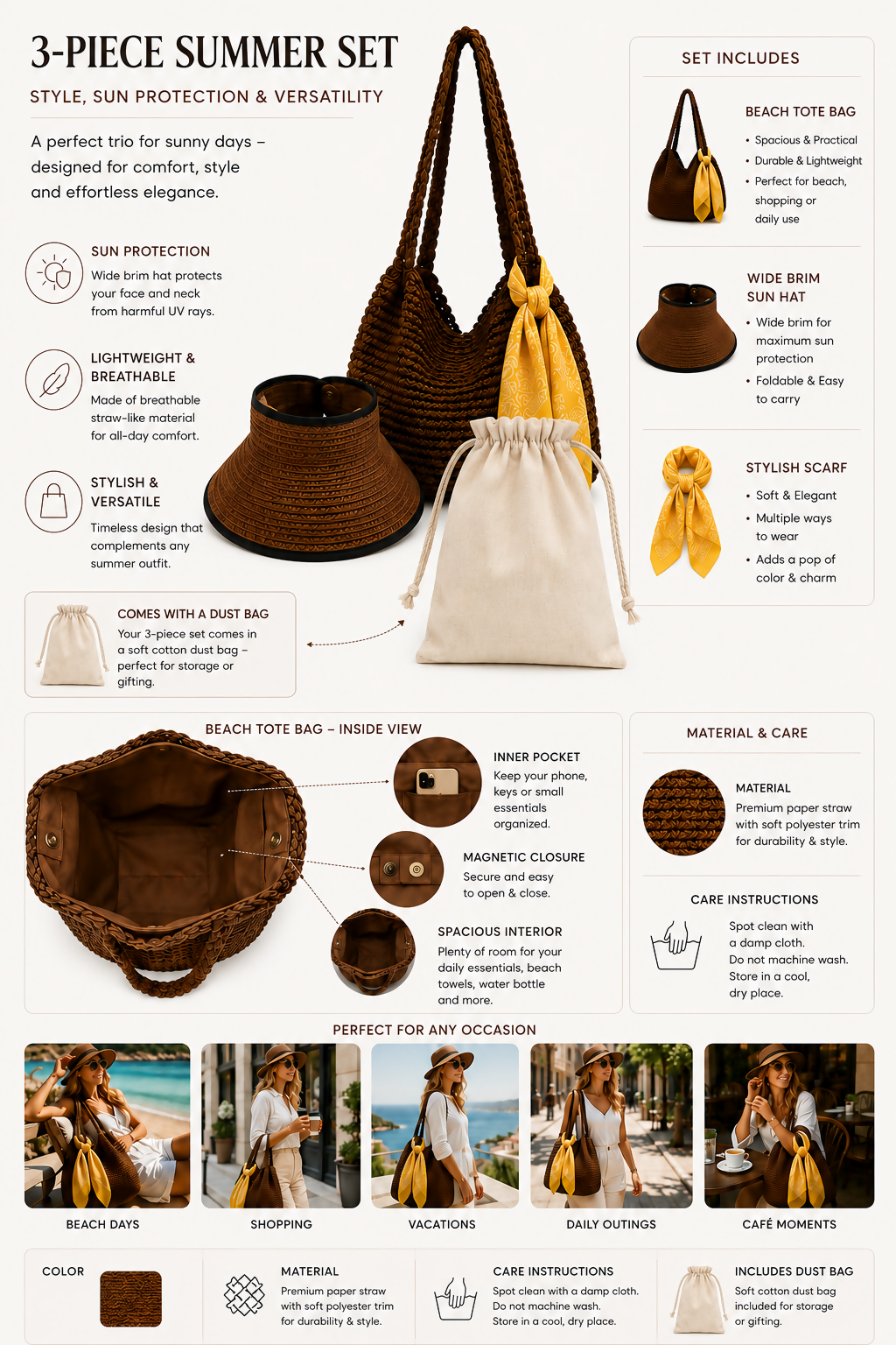 Women's 3-Piece Beach Set – Straw Tote Bag, Sun Visor Hat & Fashion Scarf
