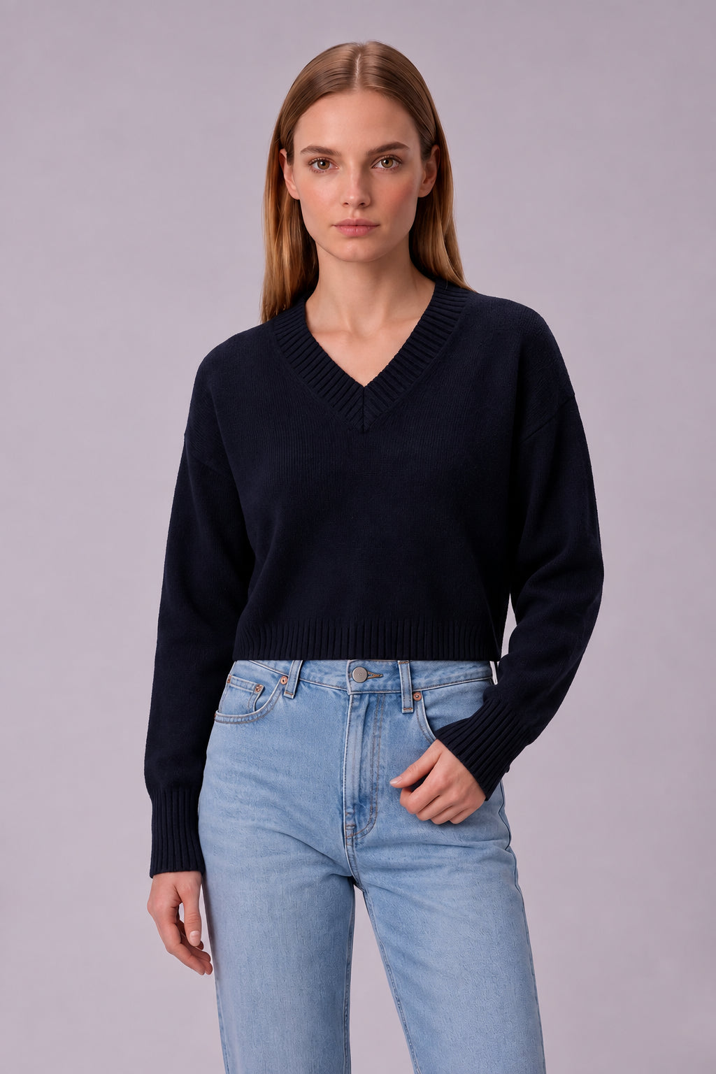 Women's V-Neck Cropped Knit Sweater – Soft Stretch Ribbed Pullover