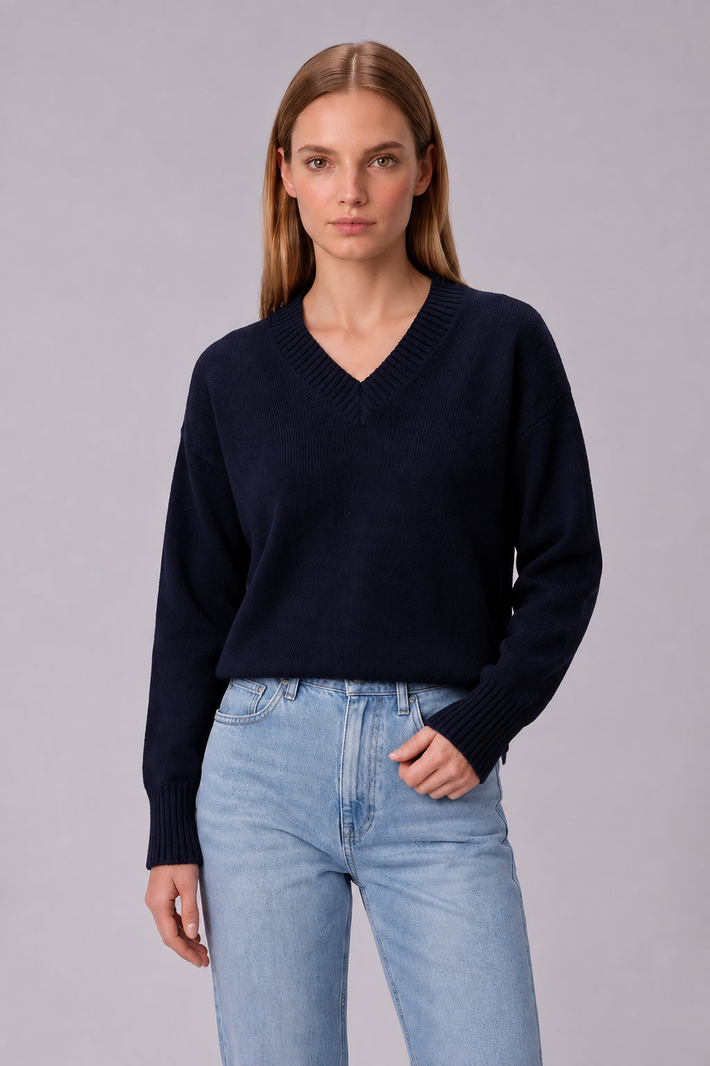 Women's V-Neck Cropped Knit Sweater – Soft Stretch Ribbed Pullover