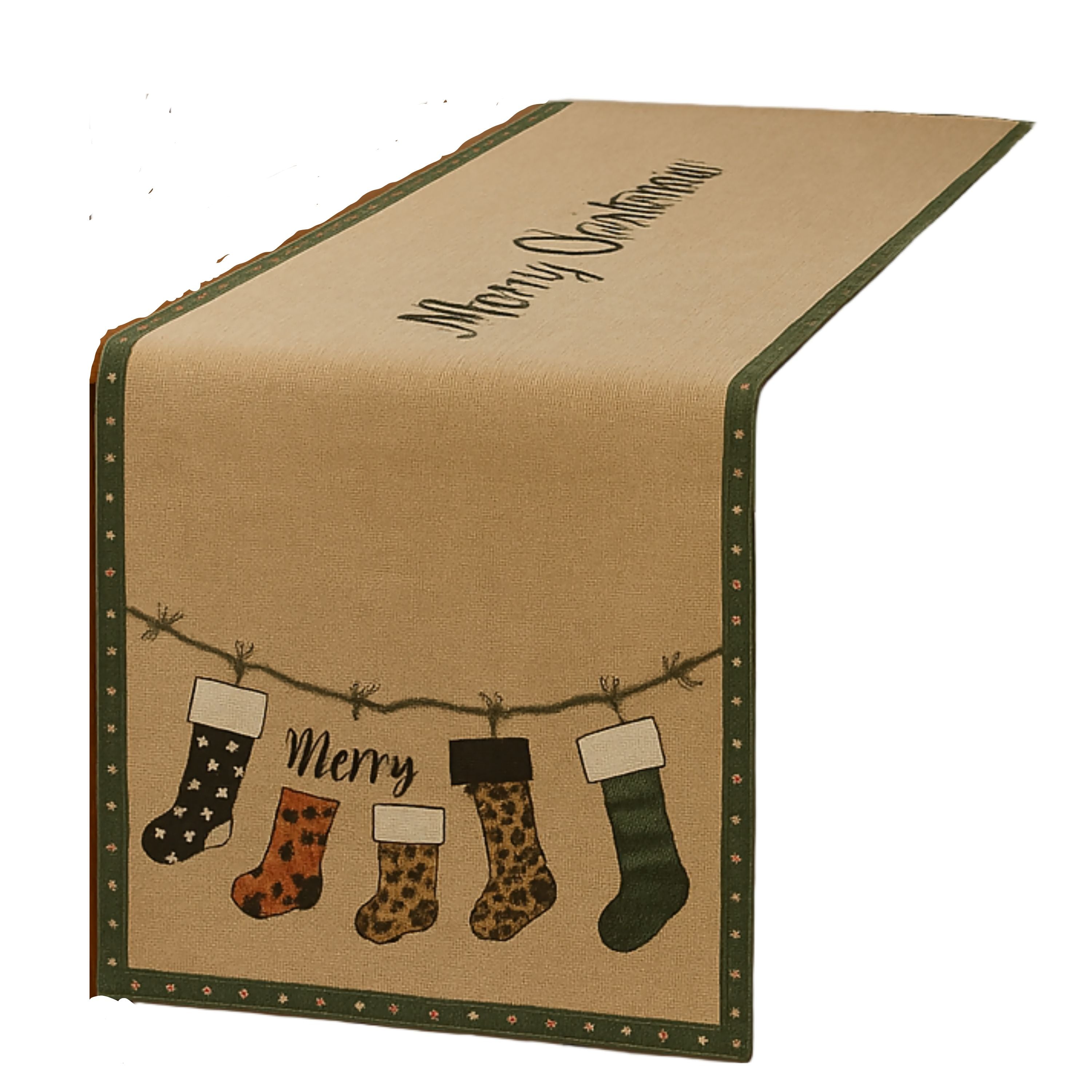 Happy New Year Christmas Table Runner – Holiday Stocking Pattern, Rustic Linen Look, 16x64 inch Decorative Table Accent