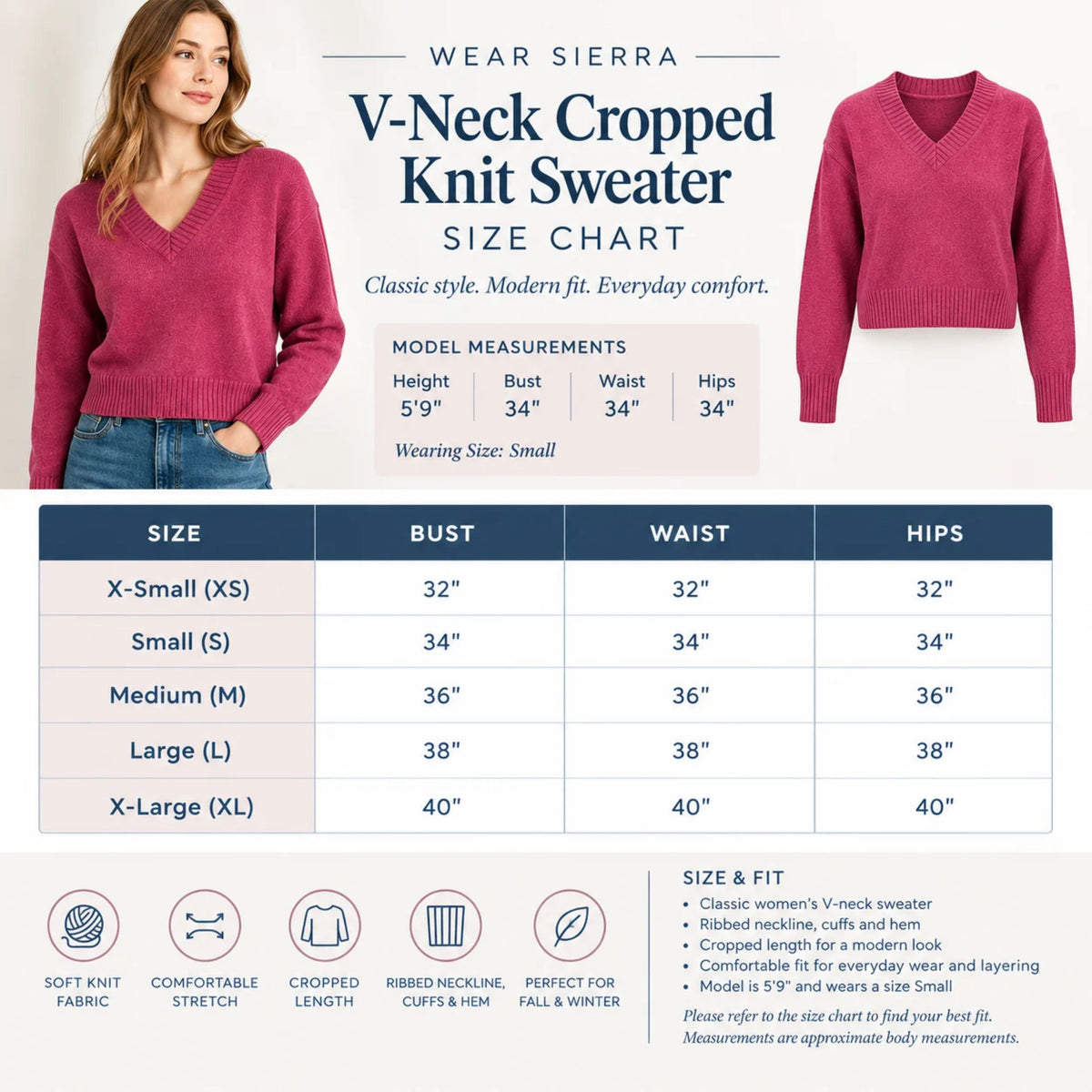 Women's V-Neck Cropped Knit Sweater – Soft Stretch Ribbed Pullover