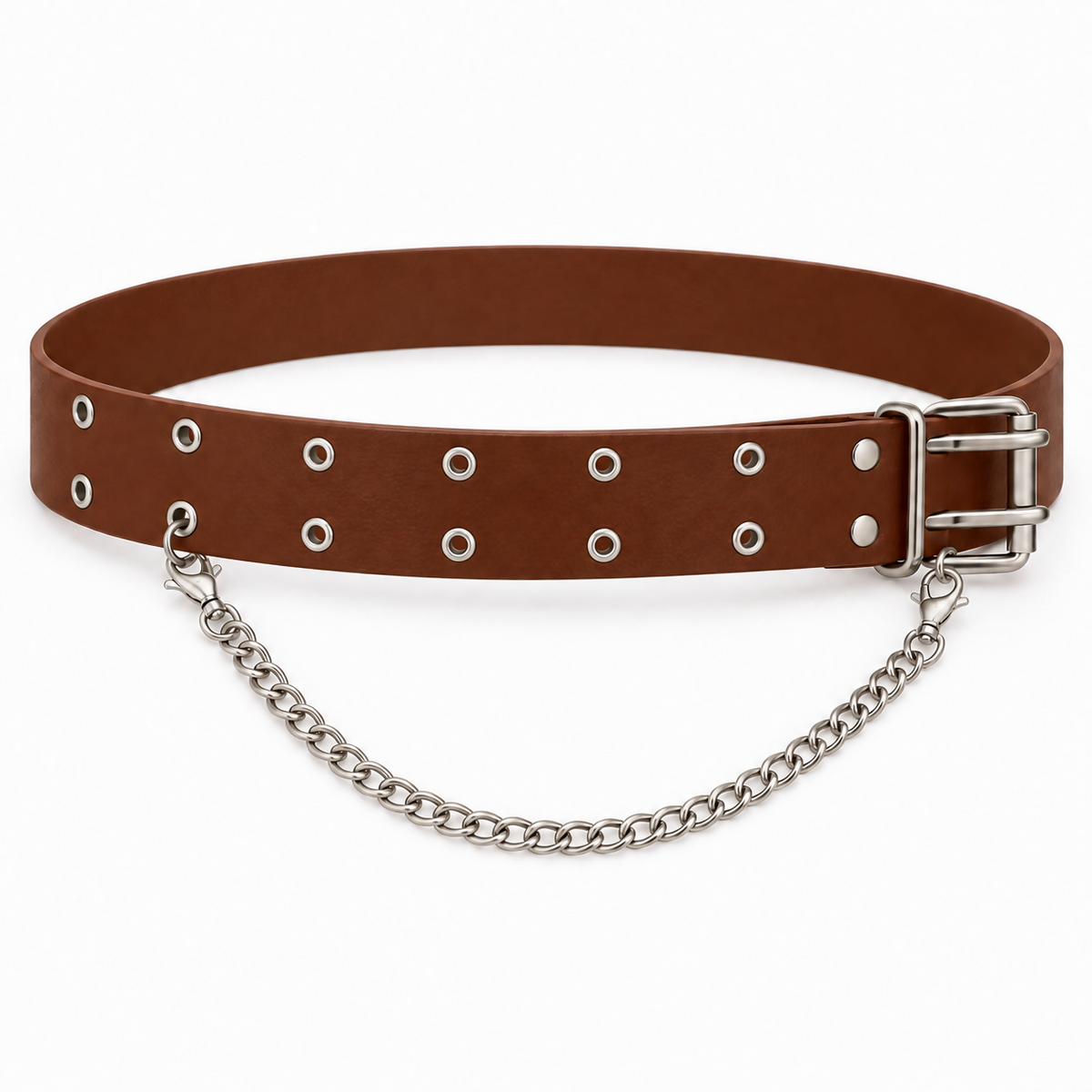 Women’s Belt – Brown Double-Row Grommet Belt with Silver-Tone Chain