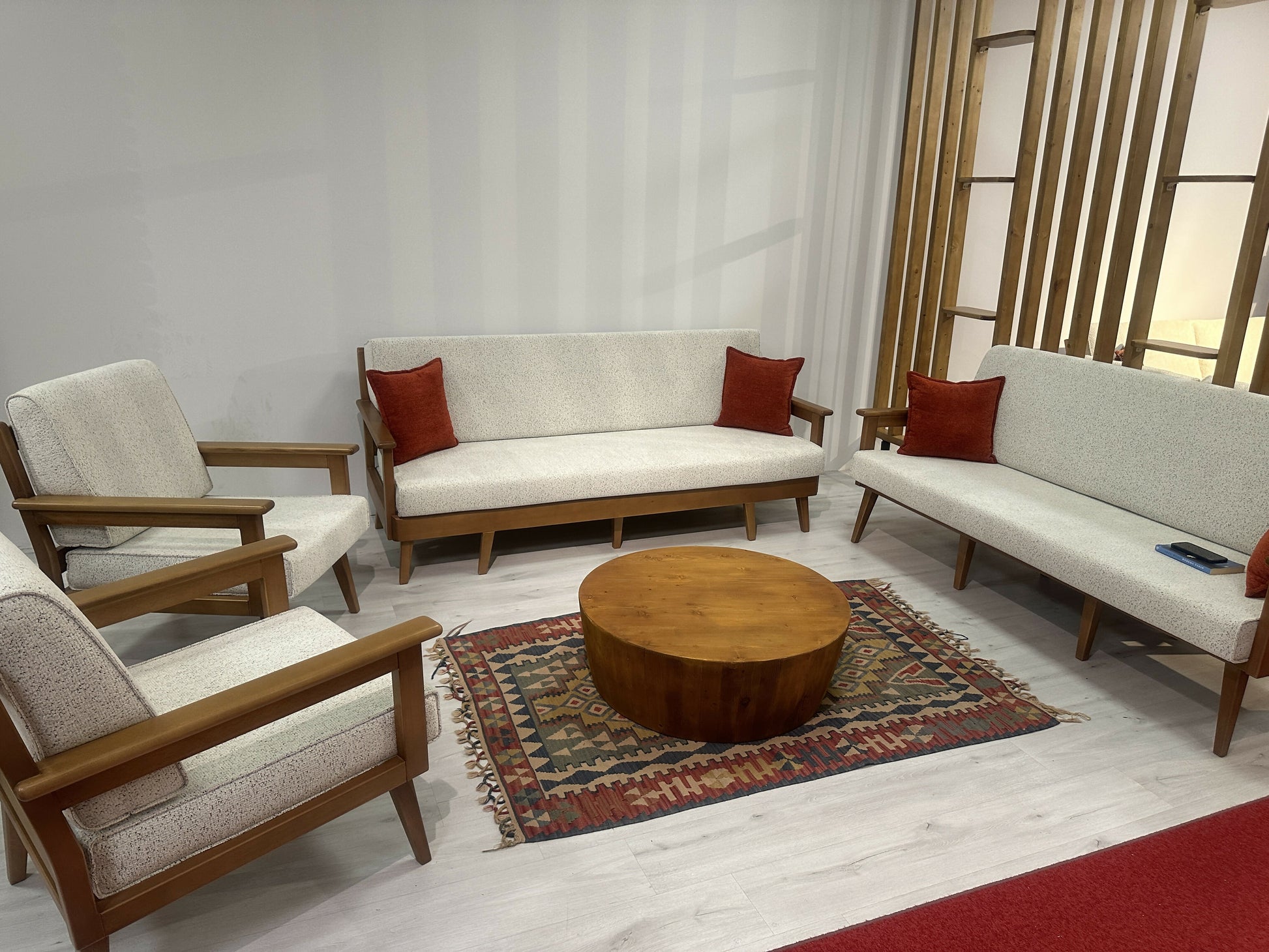 Living room with wooden furniture.