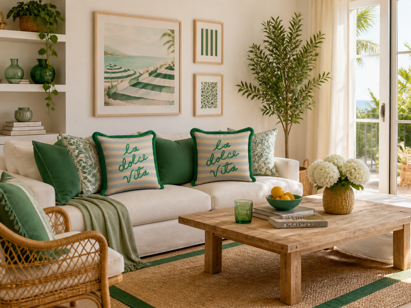 Mediterranean Coastal Luxury Fringed Cushion Cover Set of 2 – Striped Green, Yellow, and Green Tasseled Throw Pillow Covers