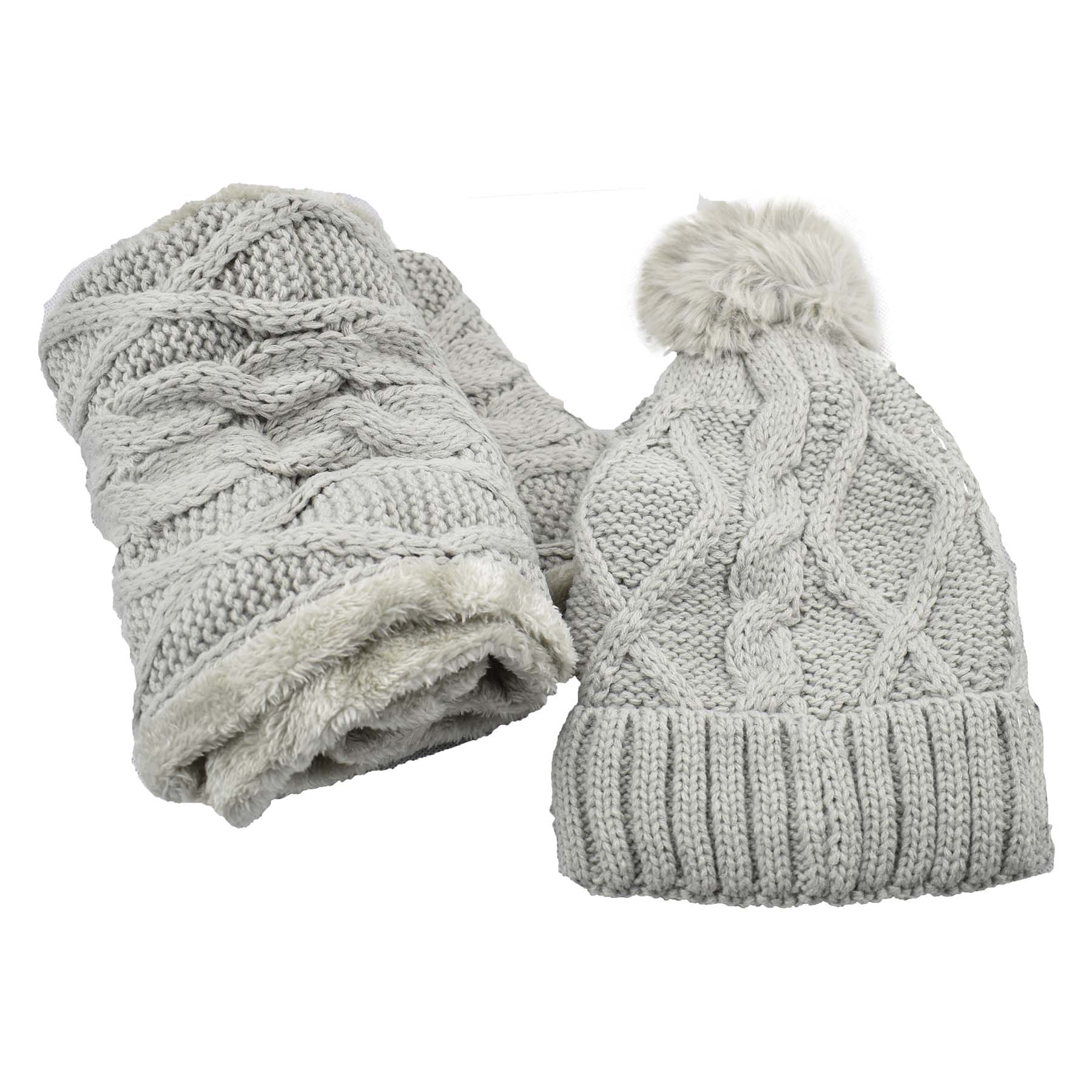 Buy gray Women&#39;s Fuzzy Fur Lined Beanie Pompom Hat and Infinity Scarf Set