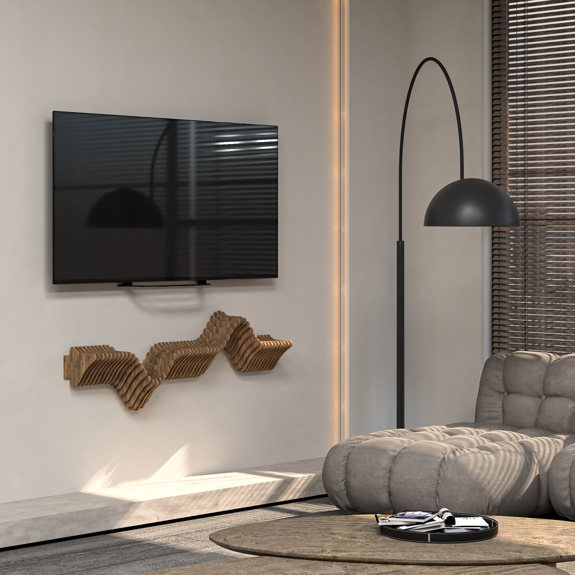 Parametric 63" Floating Shelf TV Unit Modern Geometric Wooden Wall Piece Decor Natural Oak Color 3D Wavy Living and Gaming Room Shelf