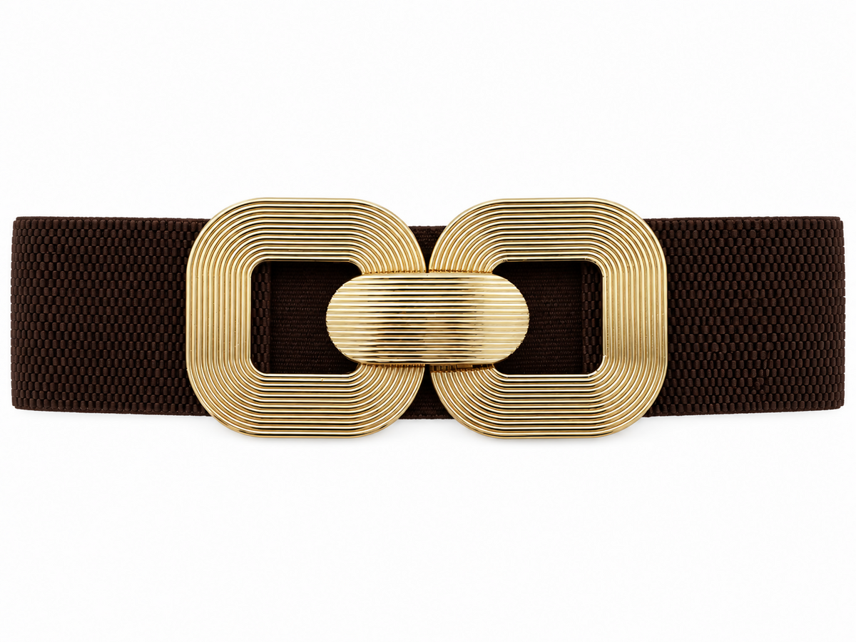 Women’s Wide Elastic Stretch Waist Belt with Textured Gold-Tone Buckle – Brown