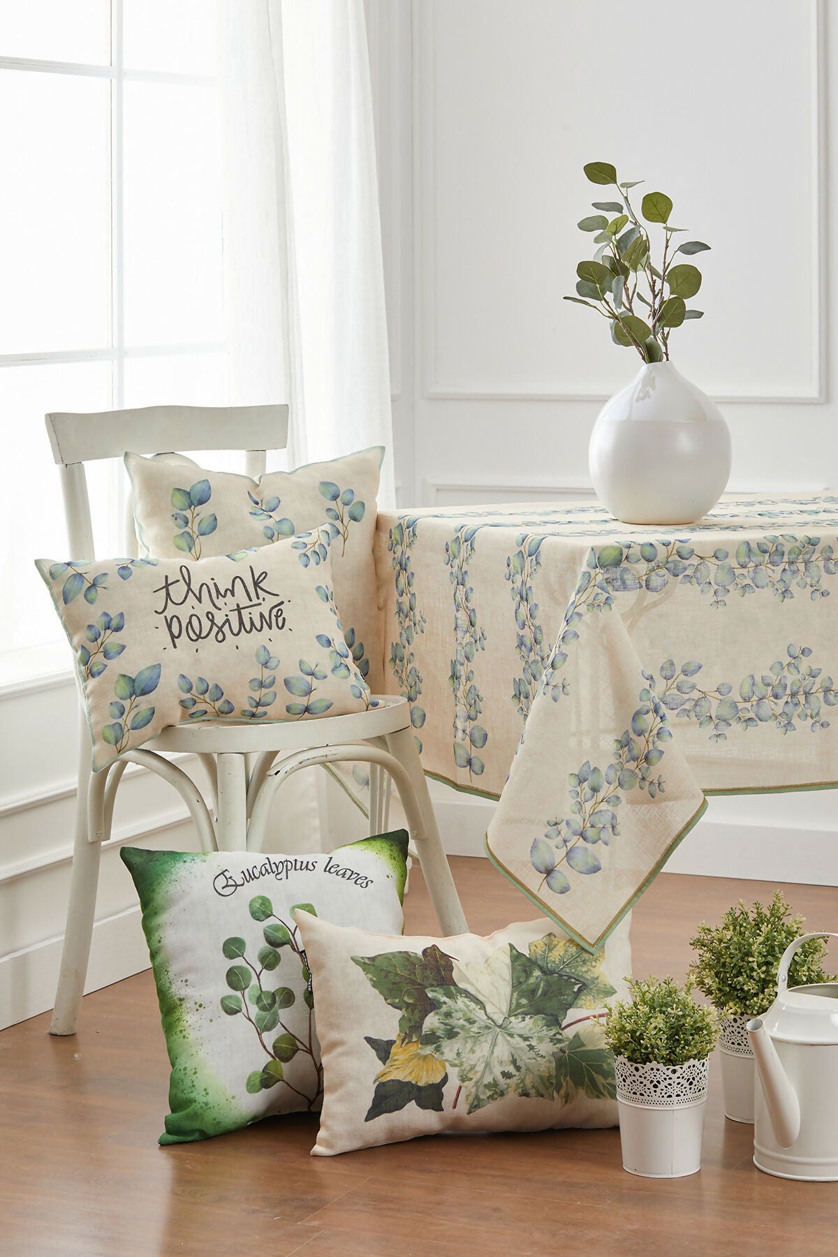 Beautiful Ivy Linen-Like Tablecloth in Pastel Blues and Greens
