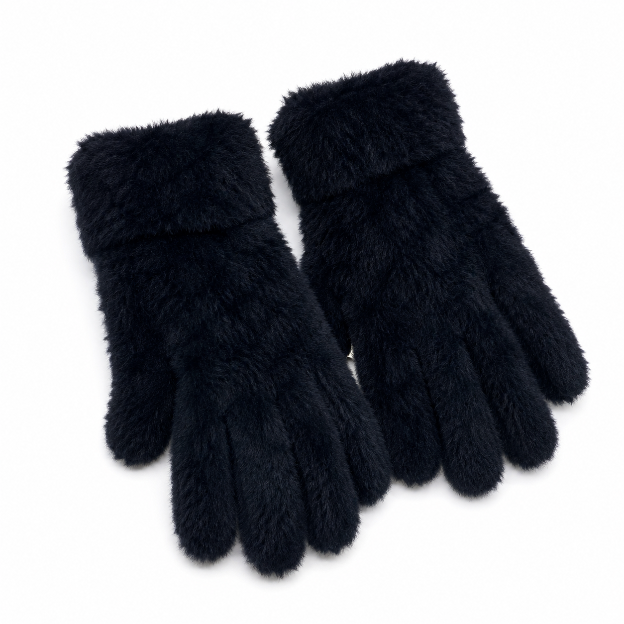 Women's Fuzzy Black Winter Gloves, Furry-Lined Fluffy Gloves-For Her