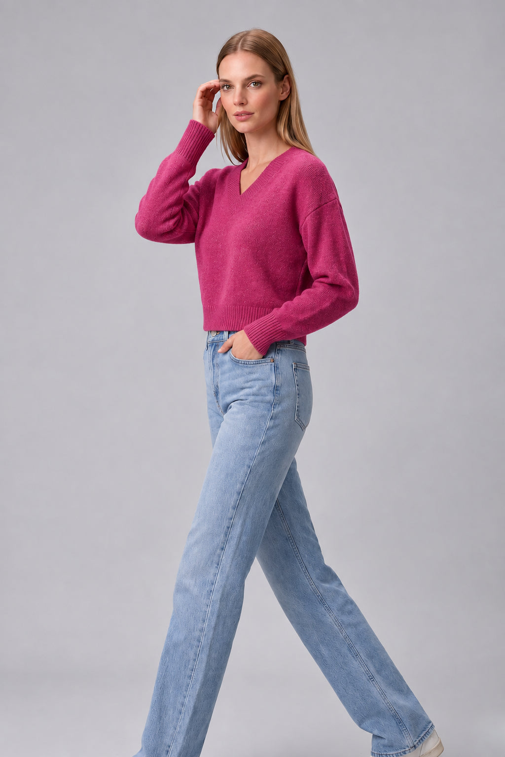 Women's V-Neck Cropped Knit Sweater – Soft Stretch Ribbed Pullover