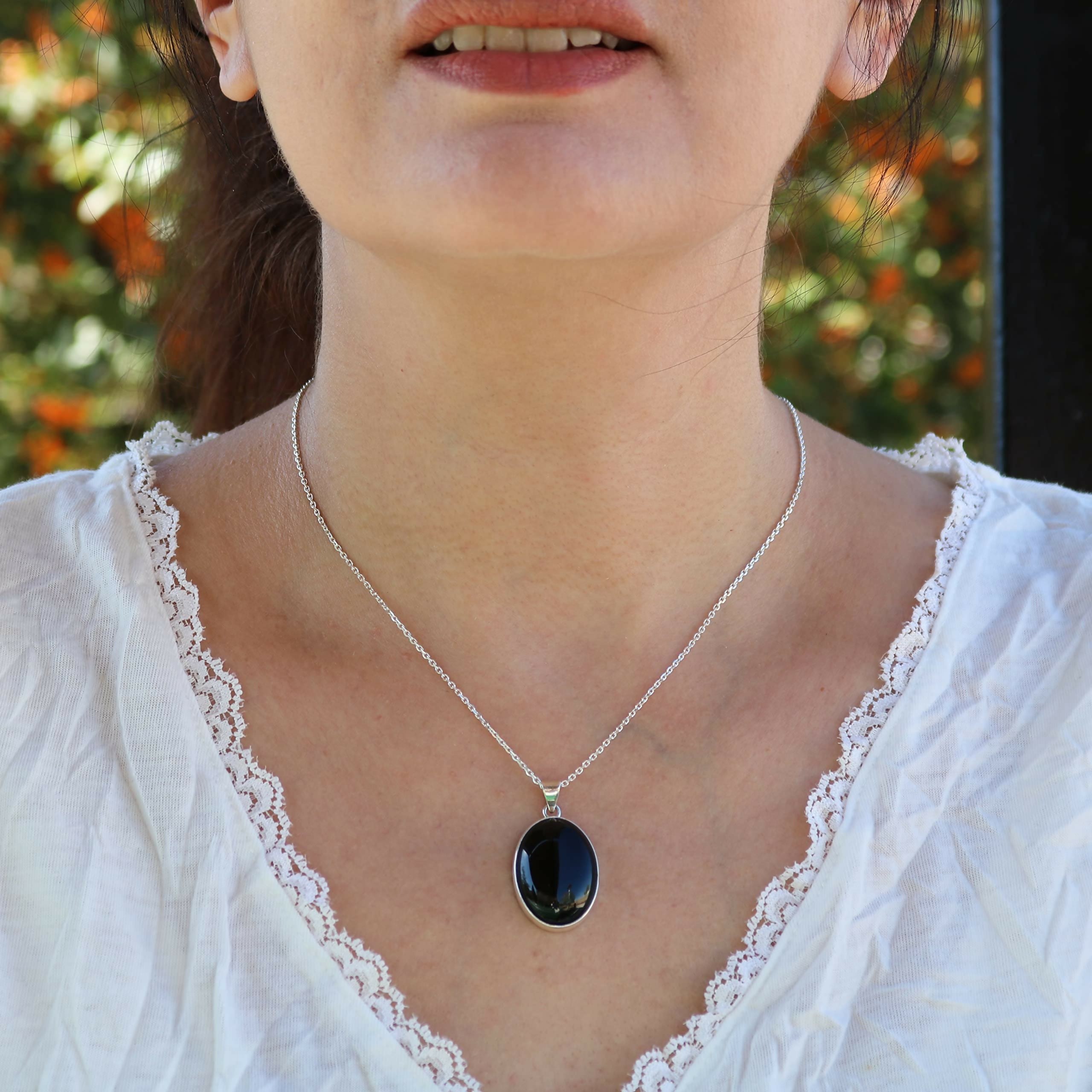 Sterling Silver 925 Oval Black Onyx Handmade Pendant Necklace 18+2'' Chain for Women & Men, 18x25mm