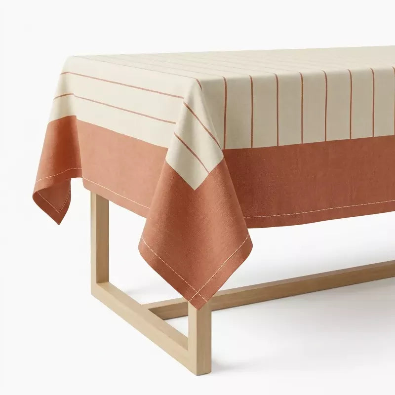 Terracotta & Ivory Striped Water-Repellent Turkish Cotton Tablecloth – Coastal & Timeless Style