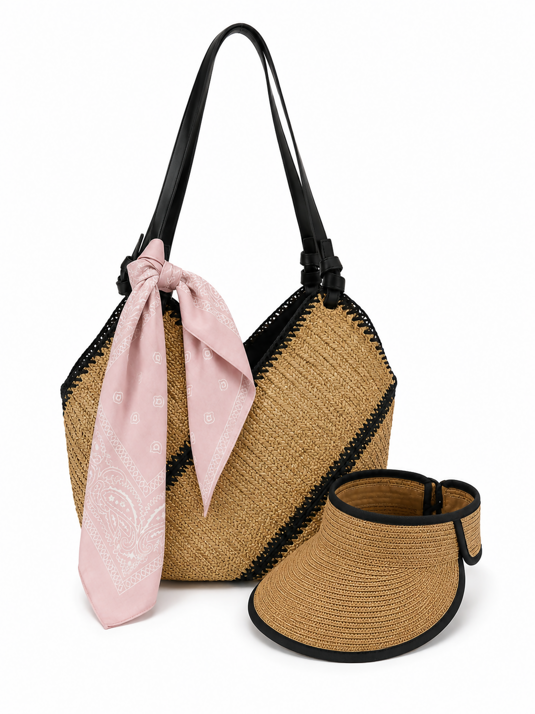 Women's 3-Piece Beach Set – Straw Tote Bag, Sun Visor Hat & Fashion Scarf