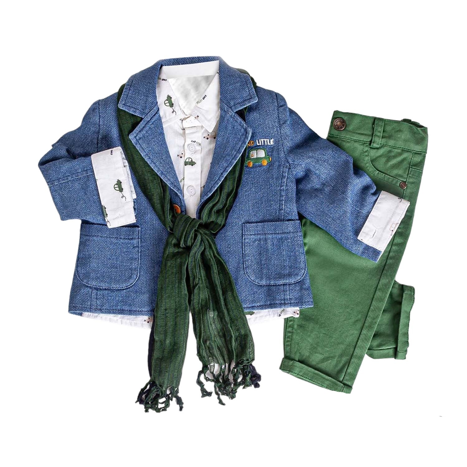 Infant and Toddler Boys' Adorable Blue Jean Jacket, Button-Up Shirt and Pants 3-Piece Set - 0