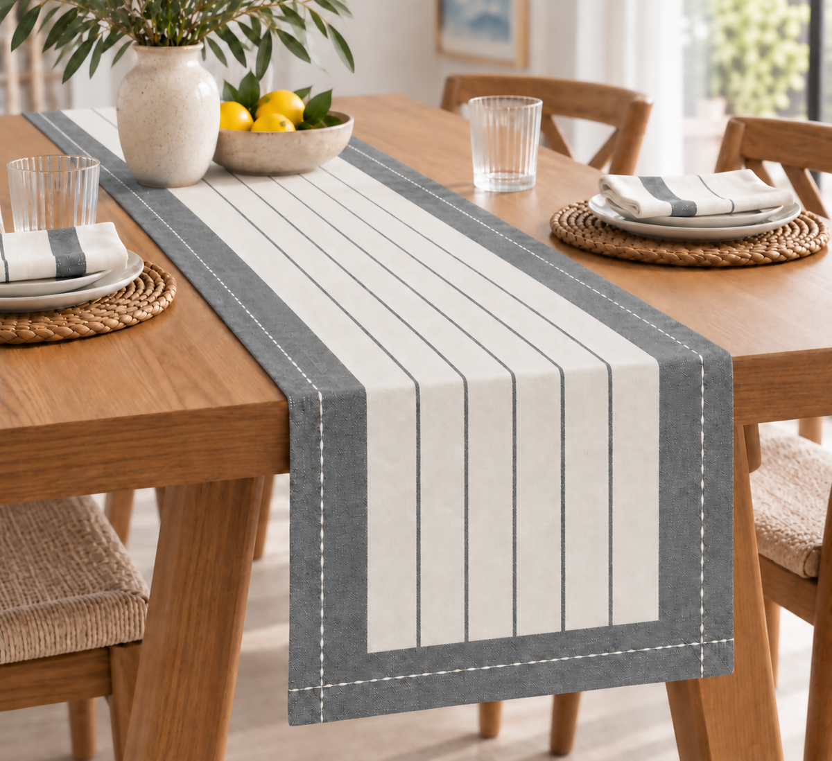 Charcoal & Ivory Striped Water-Repellent Turkish Cotton Table Runner – Coastal & Timeless Style
