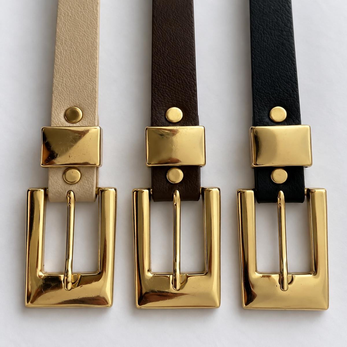 Women’s 3-Pack Belt Set with Gold-Tone Rectangular Buckles – Beige, Dark Brown & Black