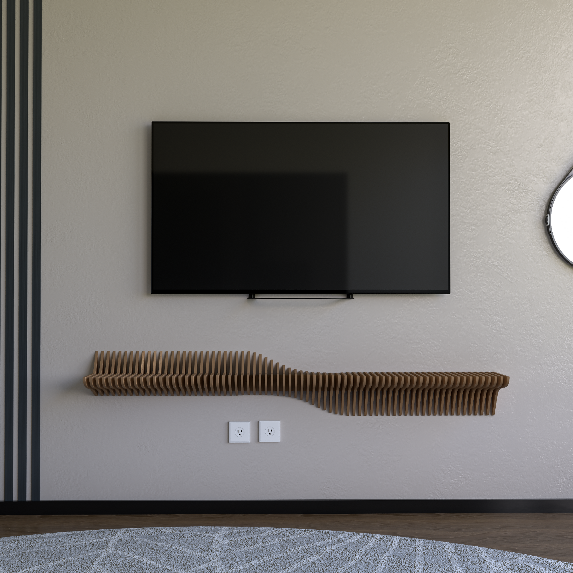 BATAMEX Parametric 60 inch Floating Shelf TV Unit Modern Geometric Wooden Wall Piece Decor Natural Oak Color 3D Wavy Living and Gaming Room Shelf