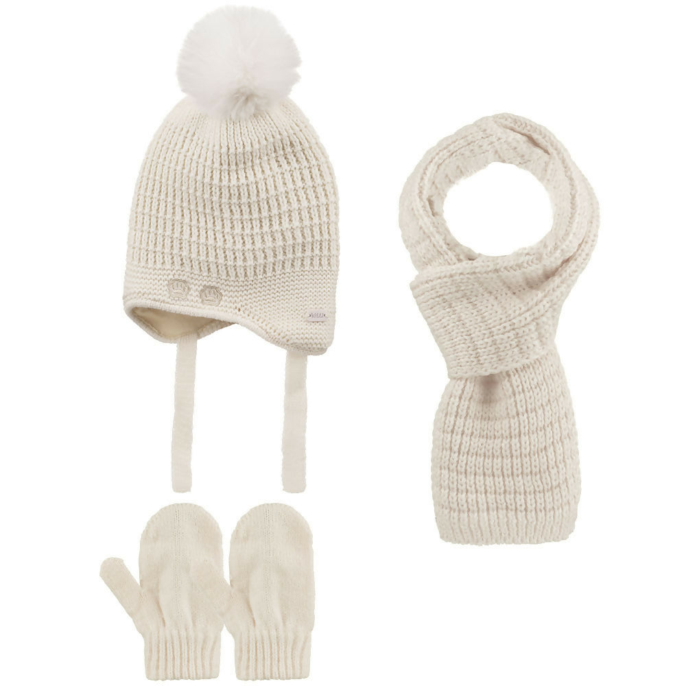 Buy cream Infants Knitted Paw Detailed Winter Beanie 3 Piece Set-Beanie-Gloves-Scarf With Earflaps For Baby Girls(0-18 months)