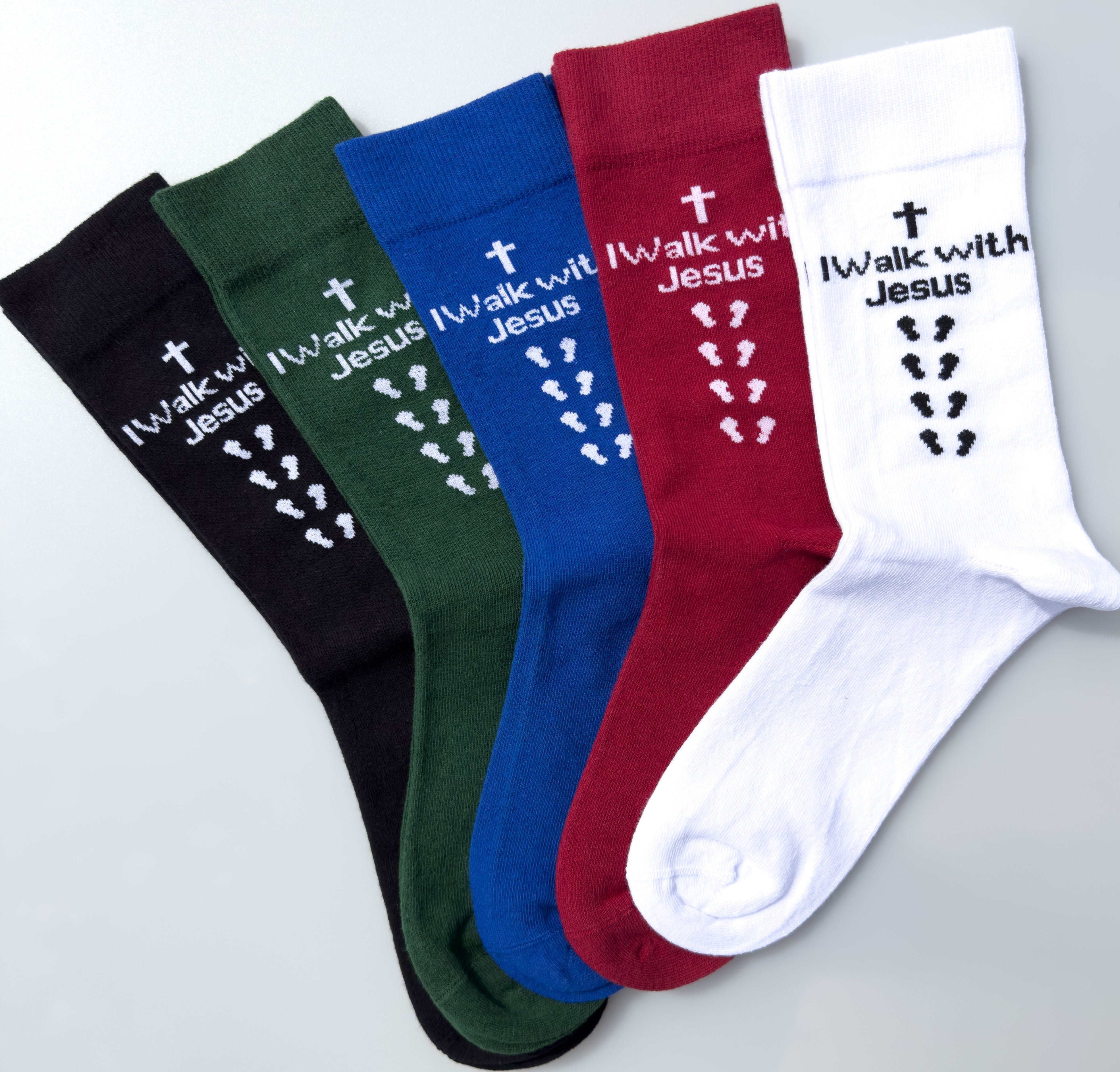 Inspirational Crew Socks for Men & Women in Combed Cotton  "I Walk with Jesus" Motto