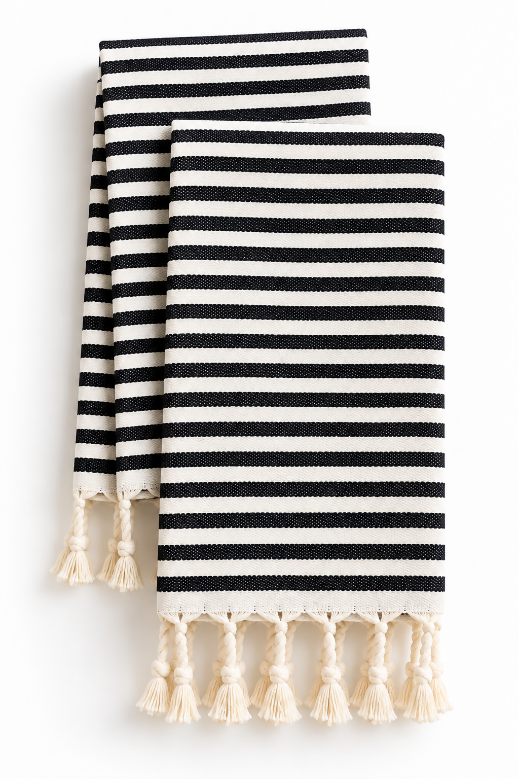 Marezze 2-Pack Black & Ivory Striped Turkish Cotton Kitchen Towels with Tassels, 16" x 36"