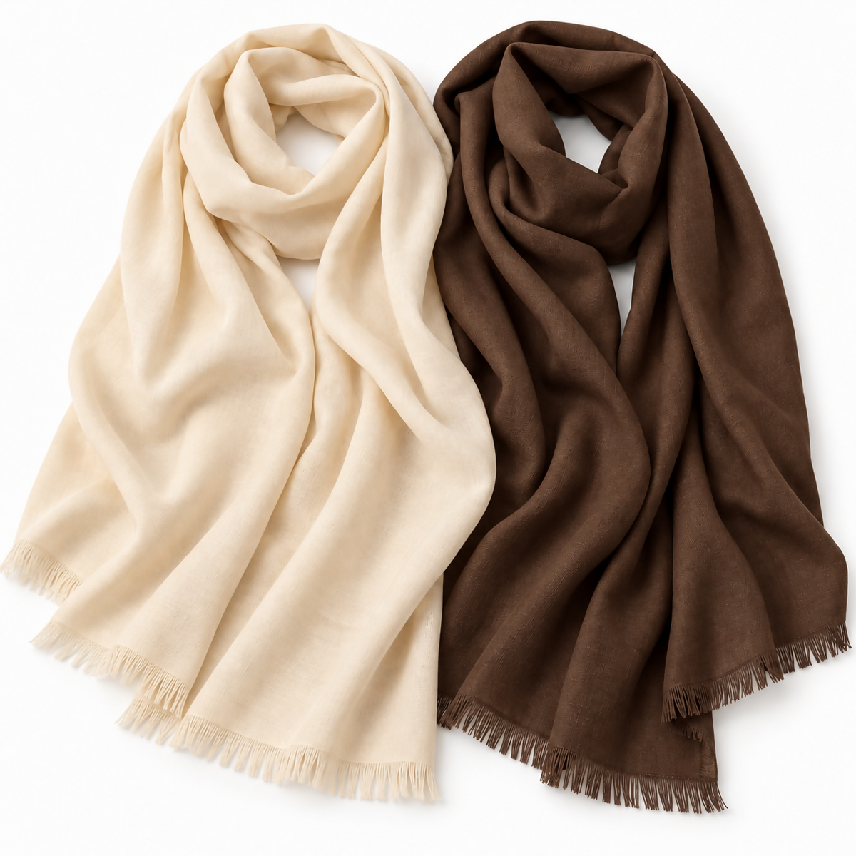 Women’s Lightweight Scarf Set, 2-Pack – Ecru & Brown, 71 × 25 in
