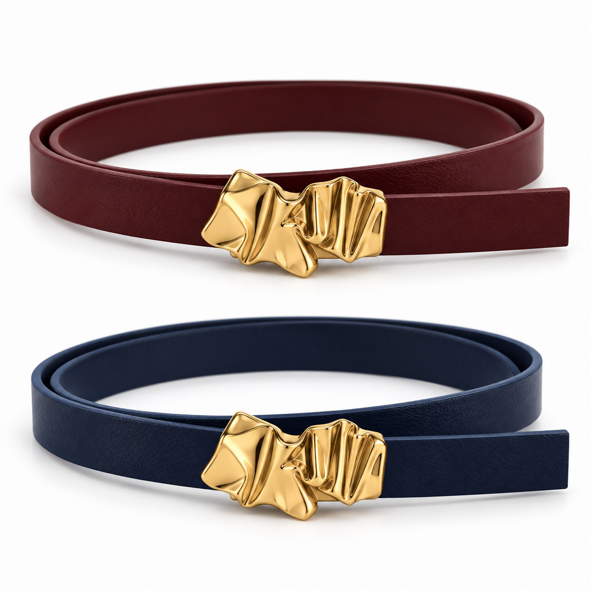 Women’s Skinny Belt Set with Sculptural Gold-Tone Buckles, 2-Pack – Burgundy & Navy